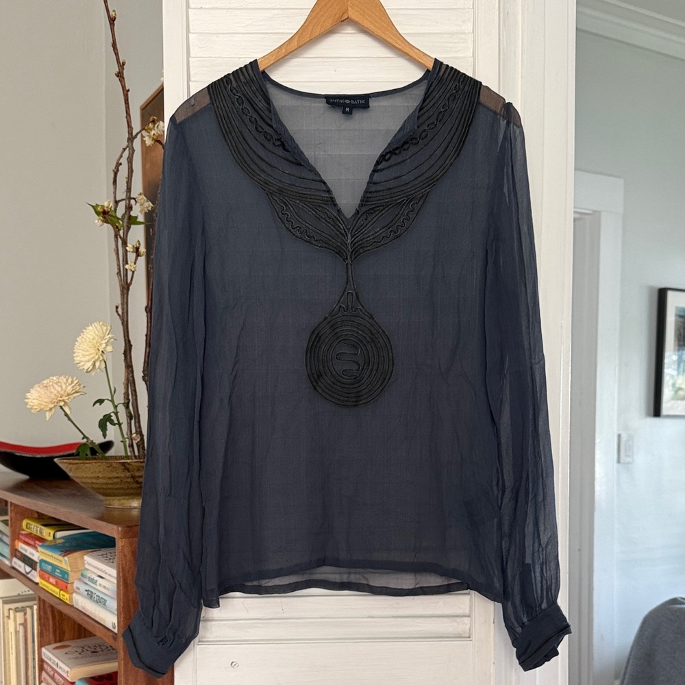 Antik Batik navy blue Sheer Blouse with black leather Embroidered Detail